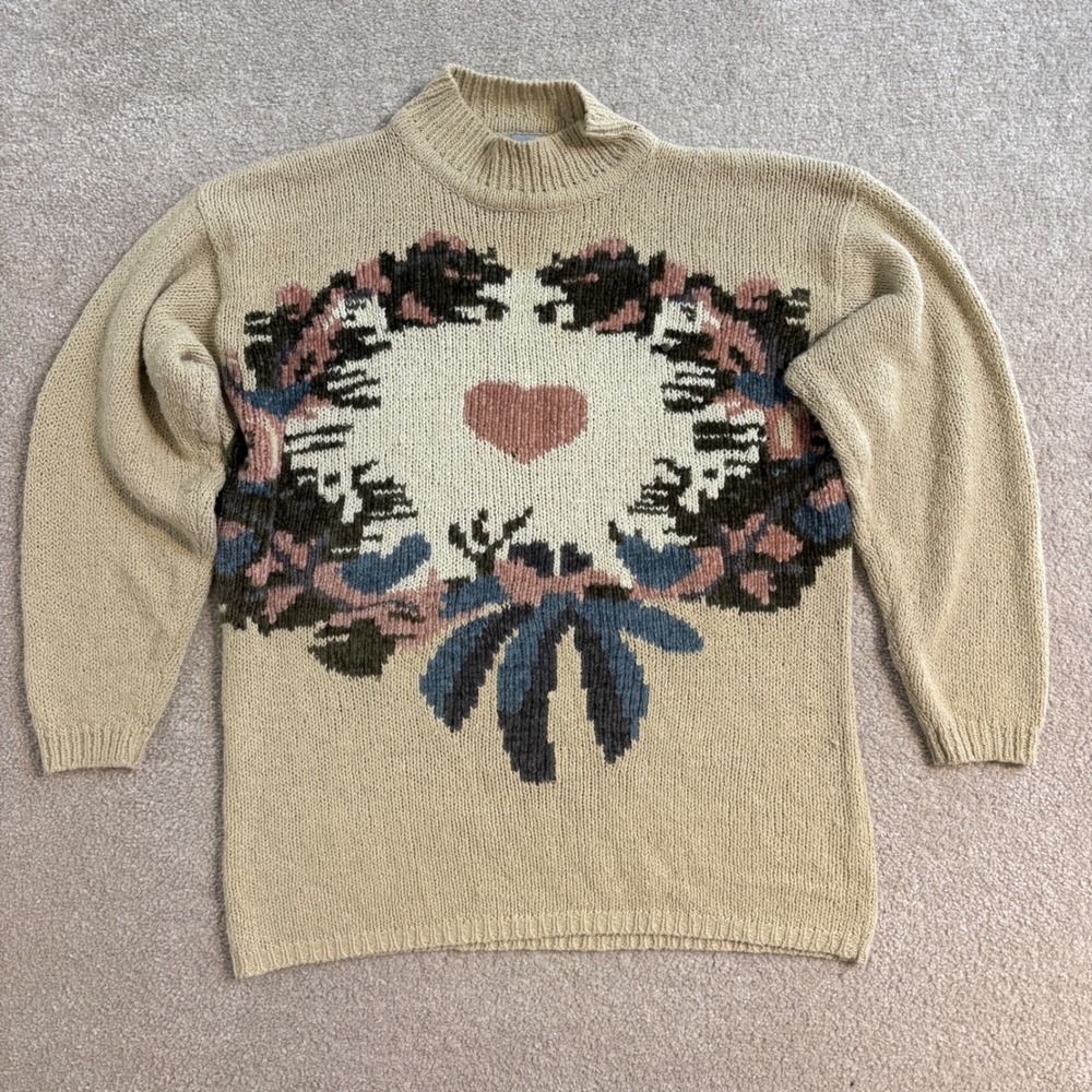 VTG Venezia Sportswear Heart Floral Knit Women Sweater‎ Mock Neck Pullover Sz L